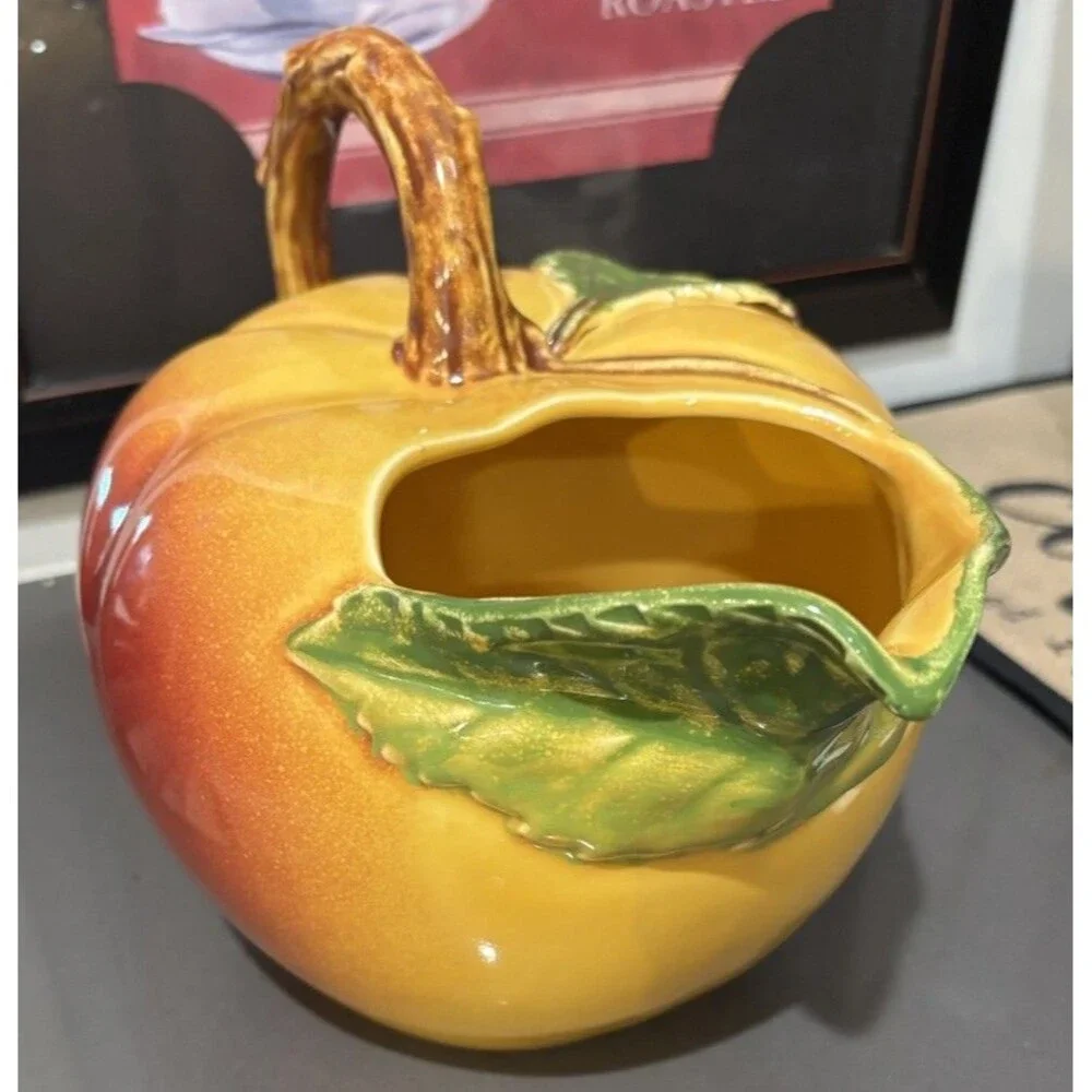 Vintage Peach Pitcher, Colorful Ceramic Fruit Pitcher Clean Shiny Glaze 7” Tall